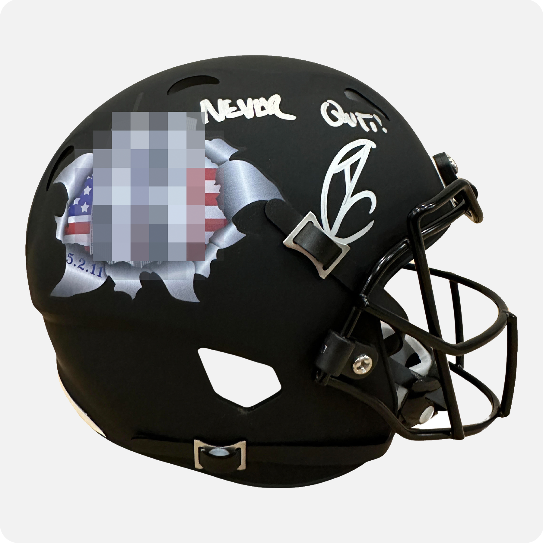 Robert O’Neill Signed “Twin Towers Tribute” Mini Helmet (SENSITIVE PARTS OF IMAGE HAVE BEEN TEMPORARILY BLURRED OUT)