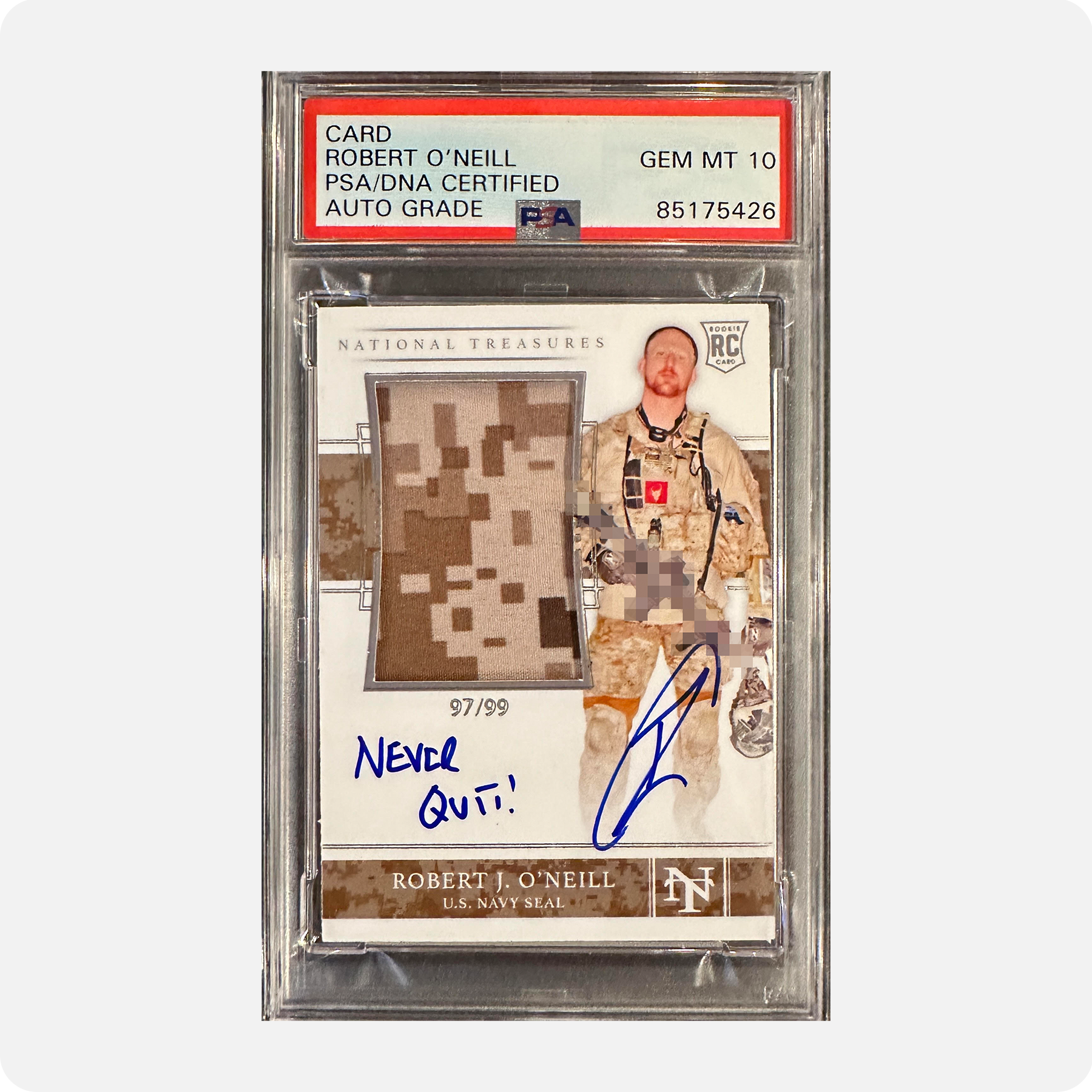Robert O’Neill Signed Limited Edition /99 Worn Navy SEAL Relic Trading Card (SENSITIVE PARTS OF IMAGE HAVE BEEN TEMPORARILY BLURRED OUT)