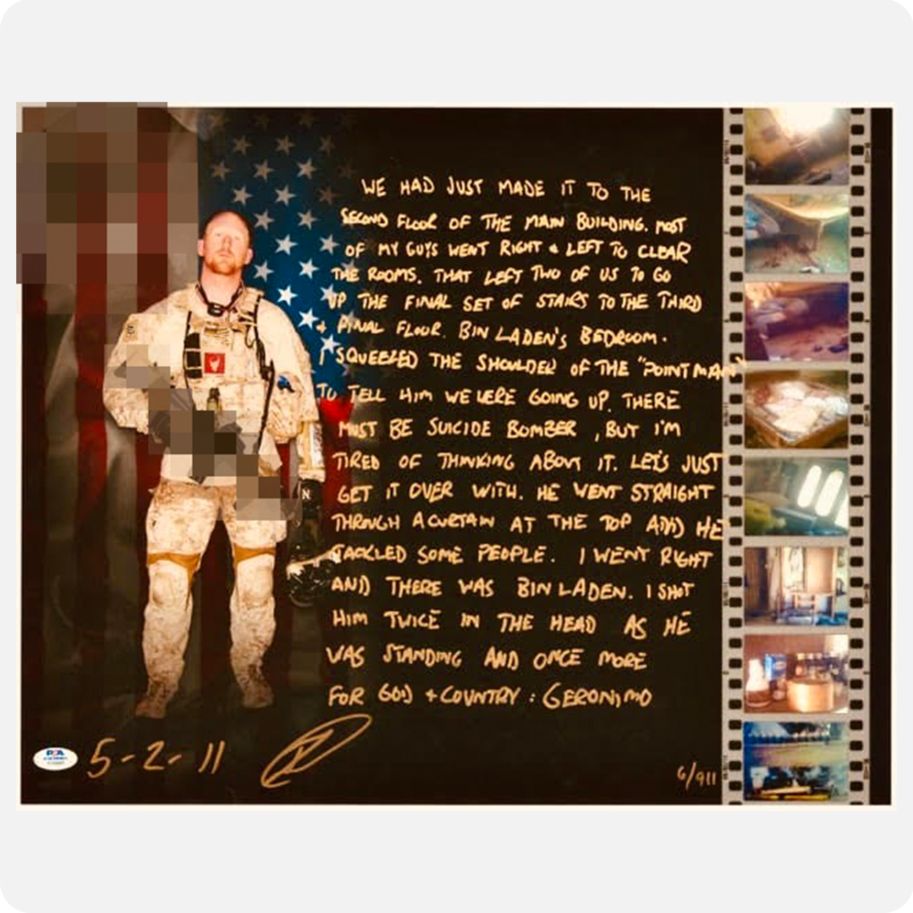 Robert O’Neill Signed Limited Edition /911 “OBL Raid Story” 16x20 Photo (SENSITIVE PARTS OF IMAGE HAVE BEEN TEMPORARILY BLURRED OUT)