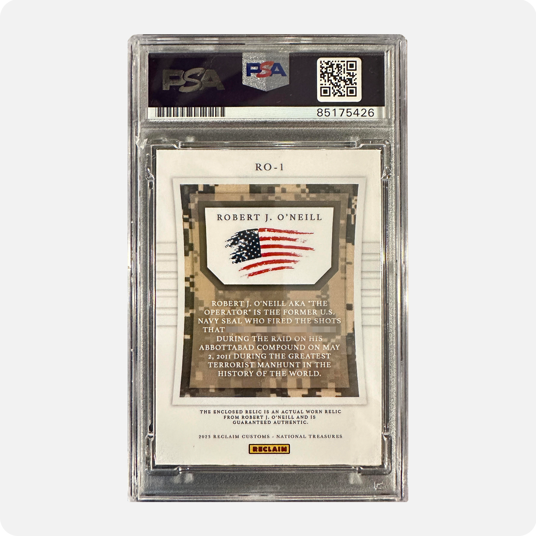 Robert O’Neill Signed Limited Edition /99 Worn Navy SEAL Relic Trading Card (SENSITIVE PARTS OF IMAGE HAVE BEEN TEMPORARILY BLURRED OUT)
