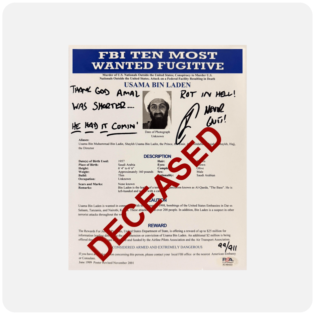 Robert O'Neill Signed OBL Limited Edition /911 "DECEASED" 8x10 FBI Document
