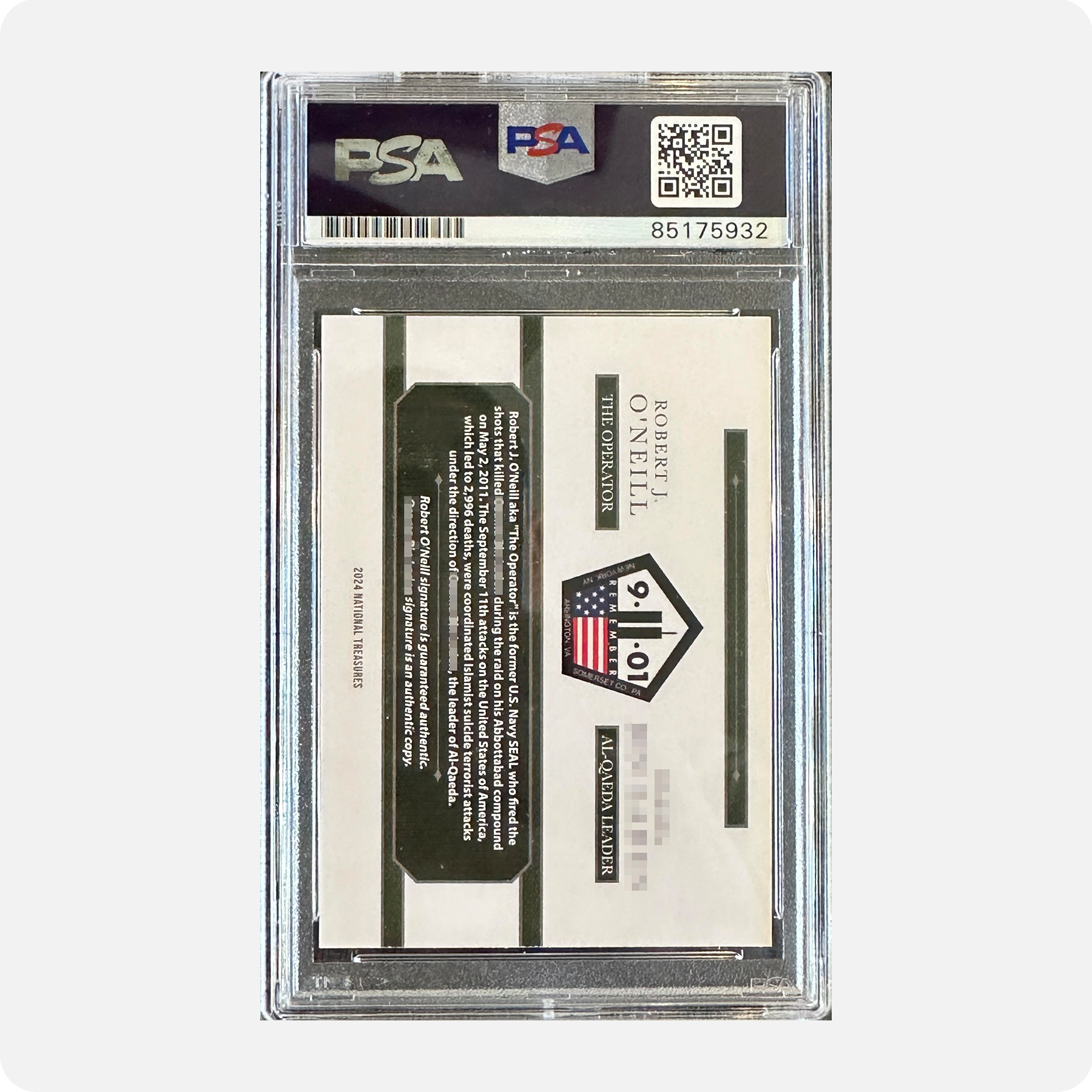 Robert O’Neill/OBL Signed Limited Edition /911 National Treasures Trading Card (SENSITIVE PARTS OF IMAGE HAVE BEEN TEMPORARILY BLURRED OUT)