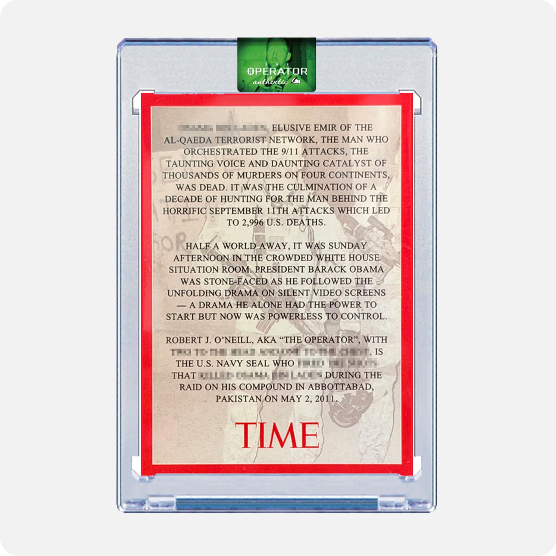 Robert O'Neill Signed Limited Edition /911 TIME Magazine Card (SENSITIVE PARTS OF IMAGE HAVE BEEN TEMPORARILY BLURRED OUT)