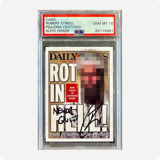 Robert O’Neill Signed Limited Edition /911 “ROT IN HELL” New York Daily News Cover Trading Card (SENSITIVE PARTS OF IMAGE HAVE BEEN TEMPORARILY BLURRED OUT)