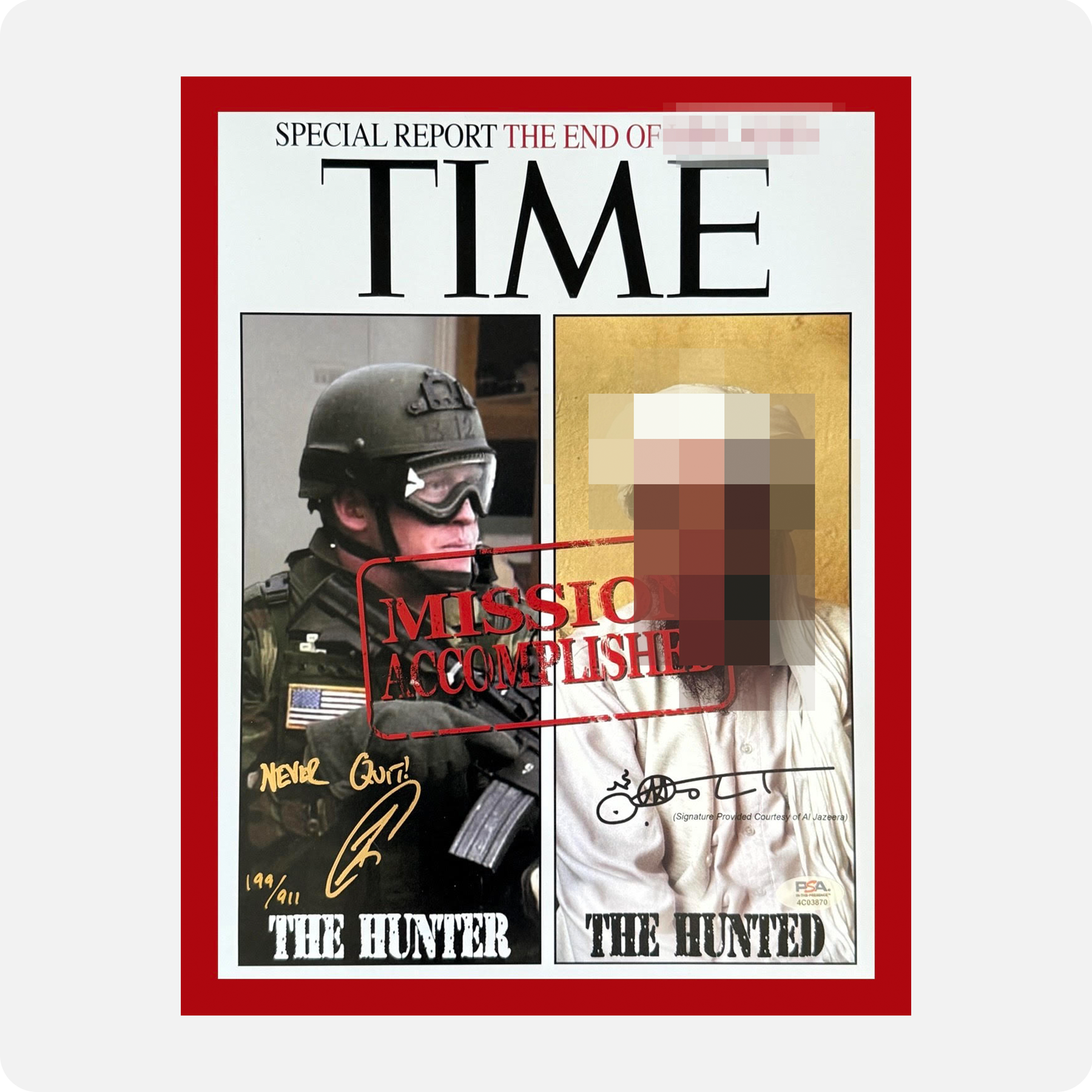 Robert O'Neill Signed Limited Edition /911 "The Hunter & The Hunted" TIME Magazine 11x14 Cover Photo (SENSITIVE PARTS OF IMAGE HAVE BEEN TEMPORARILY BLURRED OUT)