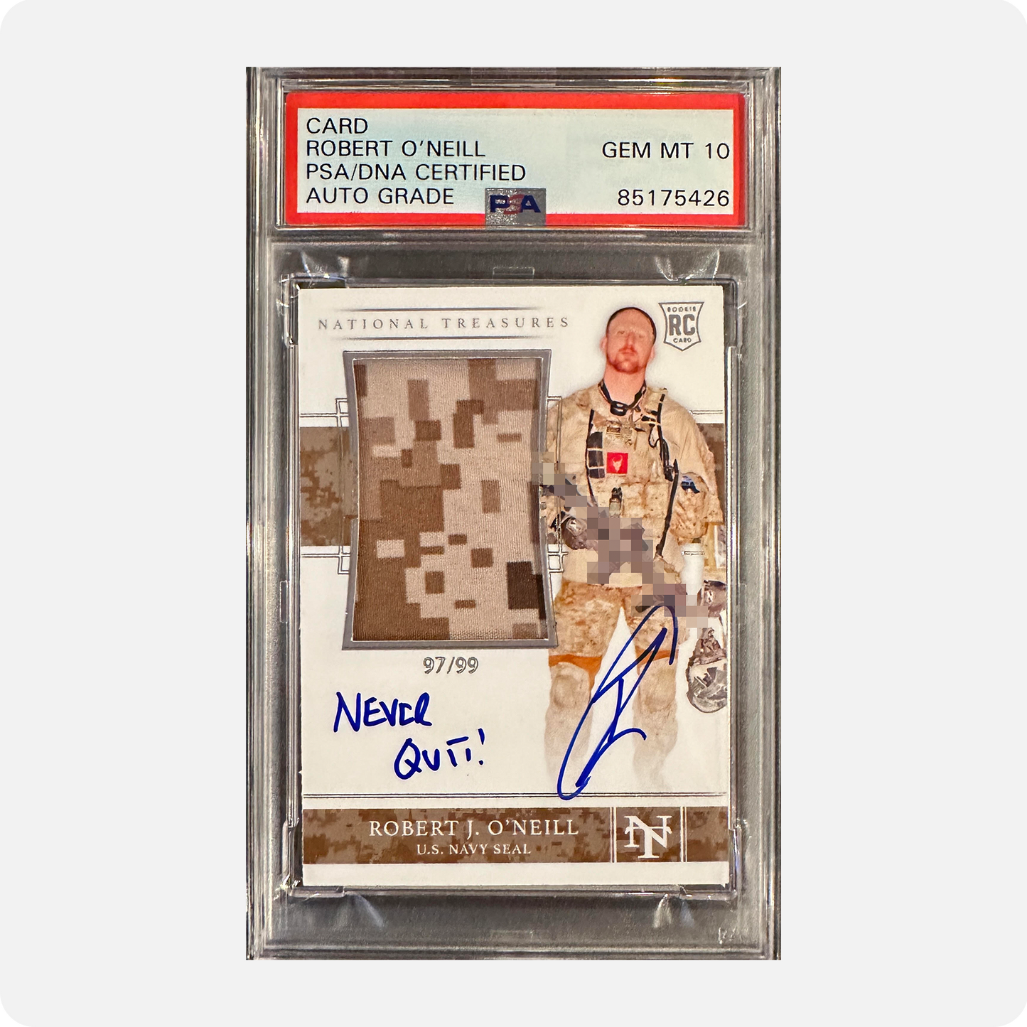 Robert O’Neill Signed Limited Edition /99 Worn Navy SEAL Relic Trading Card (SENSITIVE PARTS OF IMAGE HAVE BEEN TEMPORARILY BLURRED OUT)