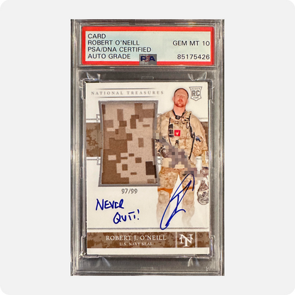 Robert O’Neill Signed Limited Edition /99 Worn Navy SEAL Relic Trading Card (SENSITIVE PARTS OF IMAGE HAVE BEEN TEMPORARILY BLURRED OUT)