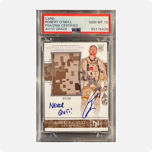 Robert O’Neill Signed Limited Edition /99 Worn Navy SEAL Relic Trading Card (SENSITIVE PARTS OF IMAGE HAVE BEEN TEMPORARILY BLURRED OUT)