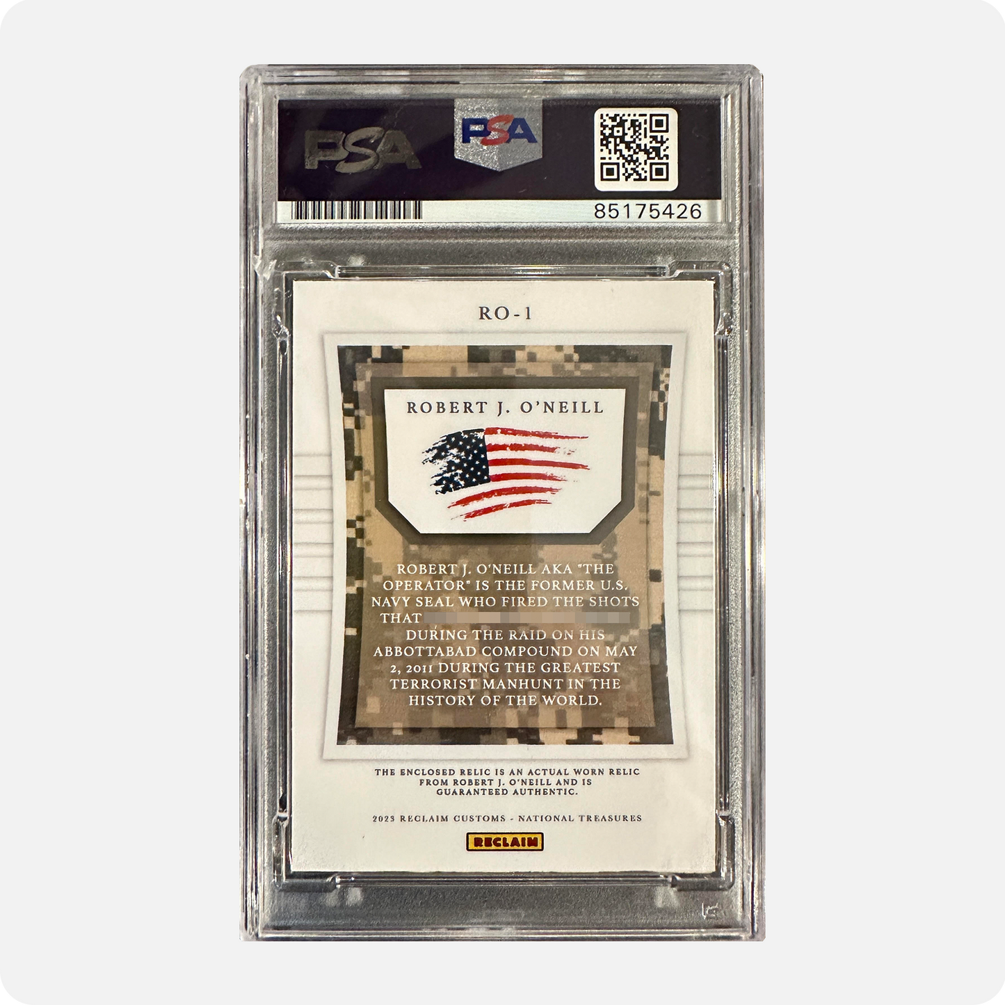 Robert O’Neill Signed Limited Edition /99 Worn Navy SEAL Relic Trading Card (SENSITIVE PARTS OF IMAGE HAVE BEEN TEMPORARILY BLURRED OUT)