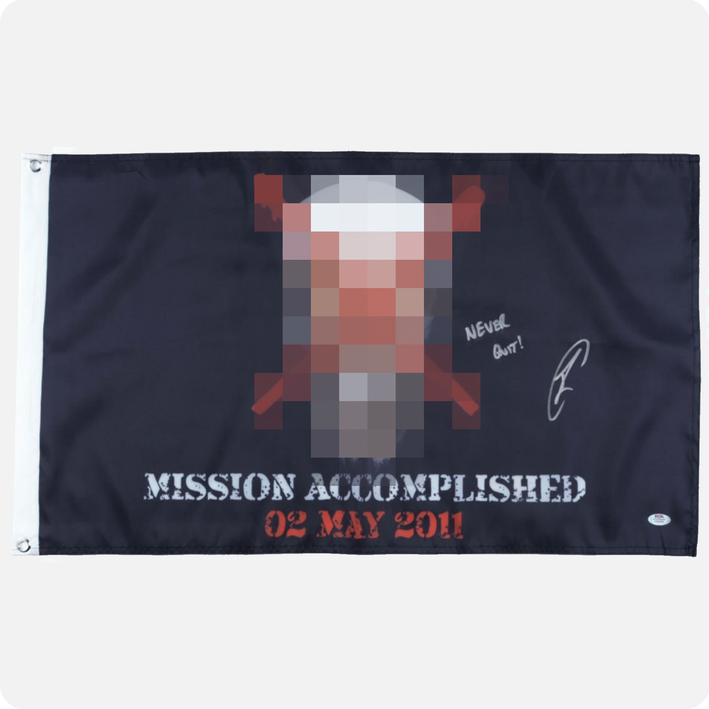 Robert O'Neill Signed "Mission Accomplished" 18x30” Flag (SENSITIVE PARTS OF IMAGE HAVE BEEN TEMPORARILY BLURRED OUT)