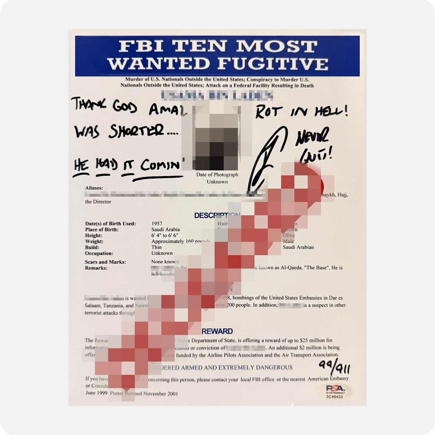 Robert O'Neill Signed OBL Limited Edition /911 "DECEASED" 8x10 FBI Document (SENSITIVE PARTS OF IMAGE HAVE BEEN TEMPORARILY BLURRED OUT)