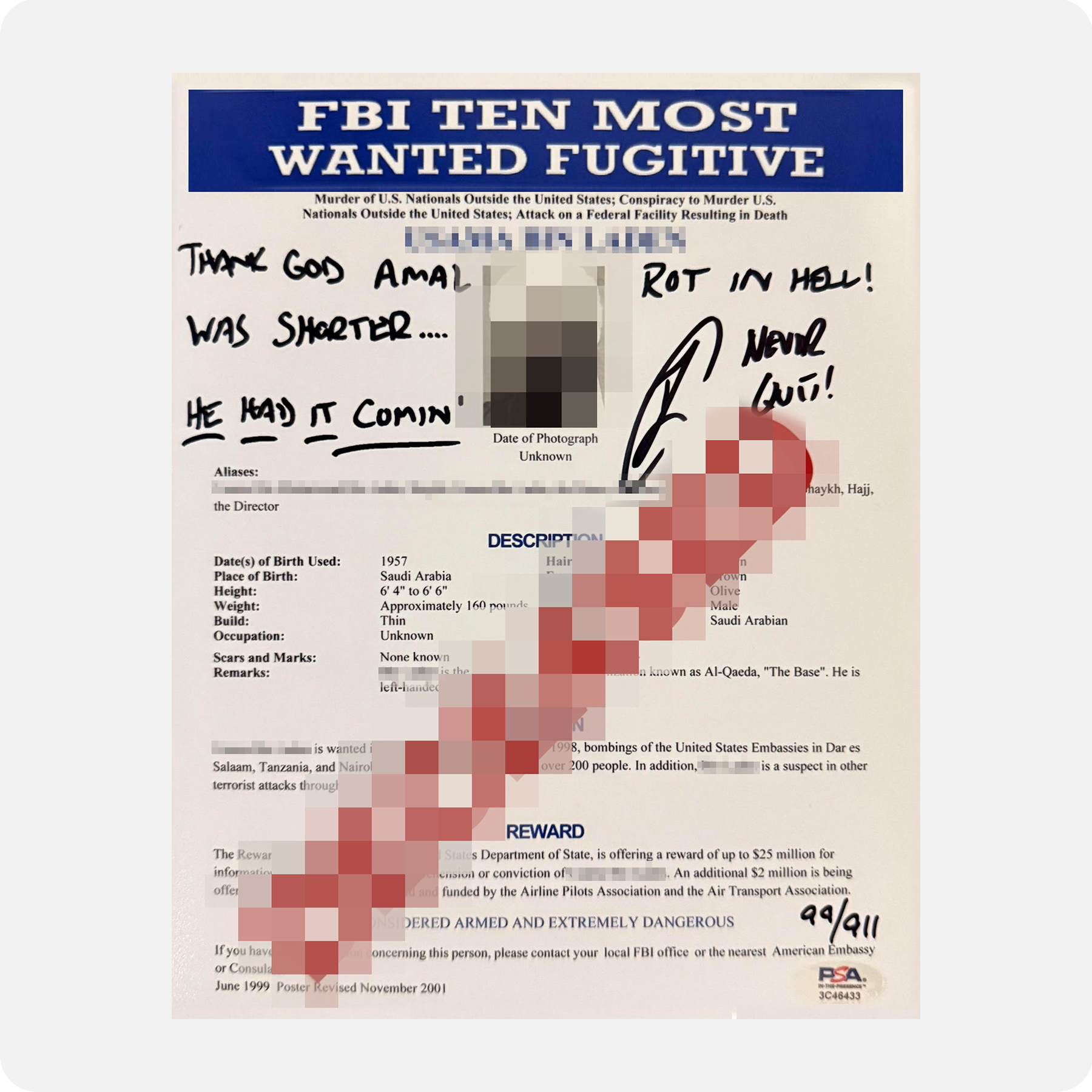 Robert O'Neill Signed OBL Limited Edition /911 "DECEASED" 8x10 FBI Document (SENSITIVE PARTS OF IMAGE HAVE BEEN TEMPORARILY BLURRED OUT)