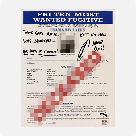 Robert O'Neill Signed OBL Limited Edition /911 "DECEASED" 8x10 FBI Document (SENSITIVE PARTS OF IMAGE HAVE BEEN TEMPORARILY BLURRED OUT)