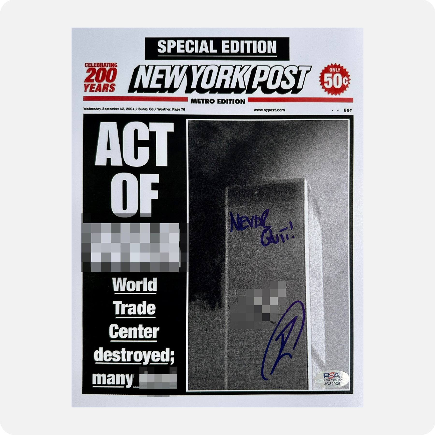 Robert O'Neill Signed “9/11" New York Post Newspaper Cover (SENSITIVE PARTS OF IMAGE HAVE BEEN TEMPORARILY BLURRED OUT)