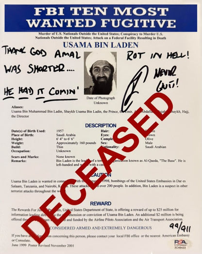 Robert O'Neill Signed OBL Limited Edition /911 "DECEASED" 8x10 FBI Document