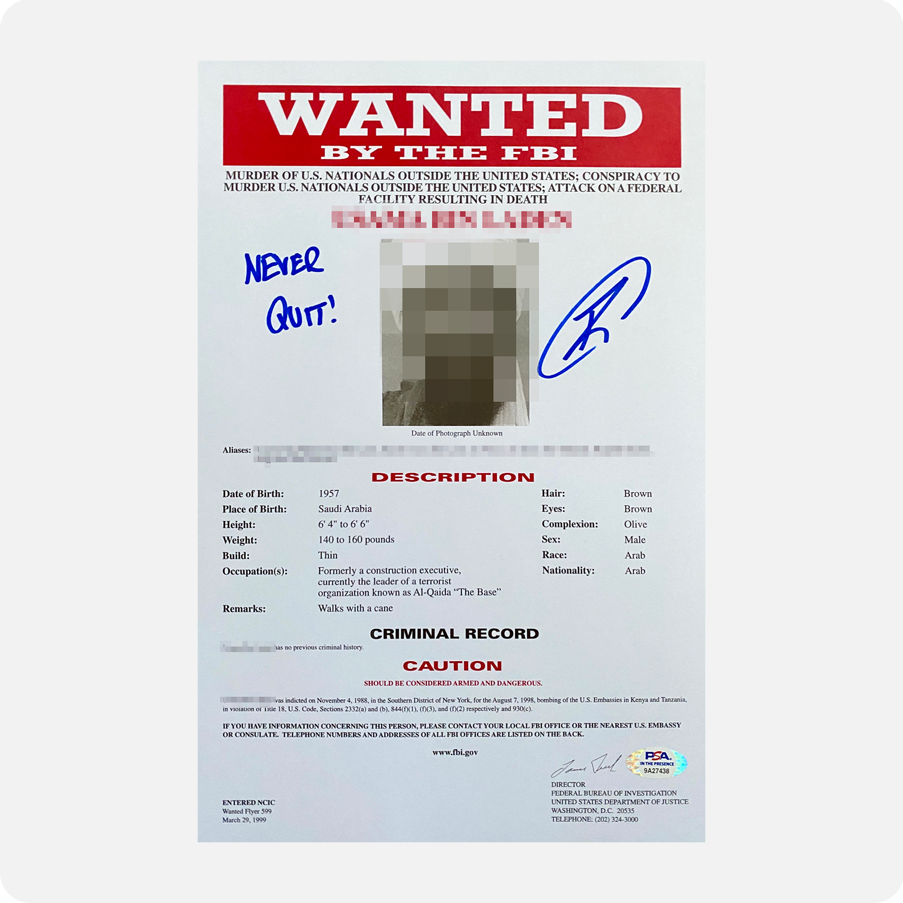 Robert O’Neill Signed OBL FBI WANTED Document (SENSITIVE PARTS OF IMAGE HAVE BEEN TEMPORARILY BLURRED OUT)