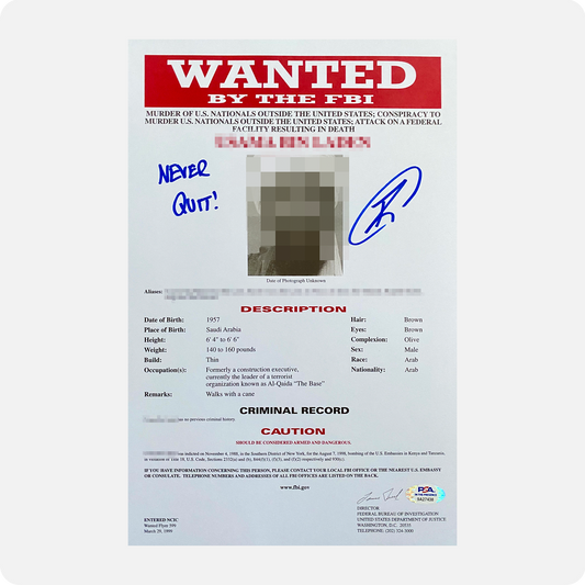 Robert O’Neill Signed OBL FBI WANTED Document (SENSITIVE PARTS OF IMAGE HAVE BEEN TEMPORARILY BLURRED OUT)