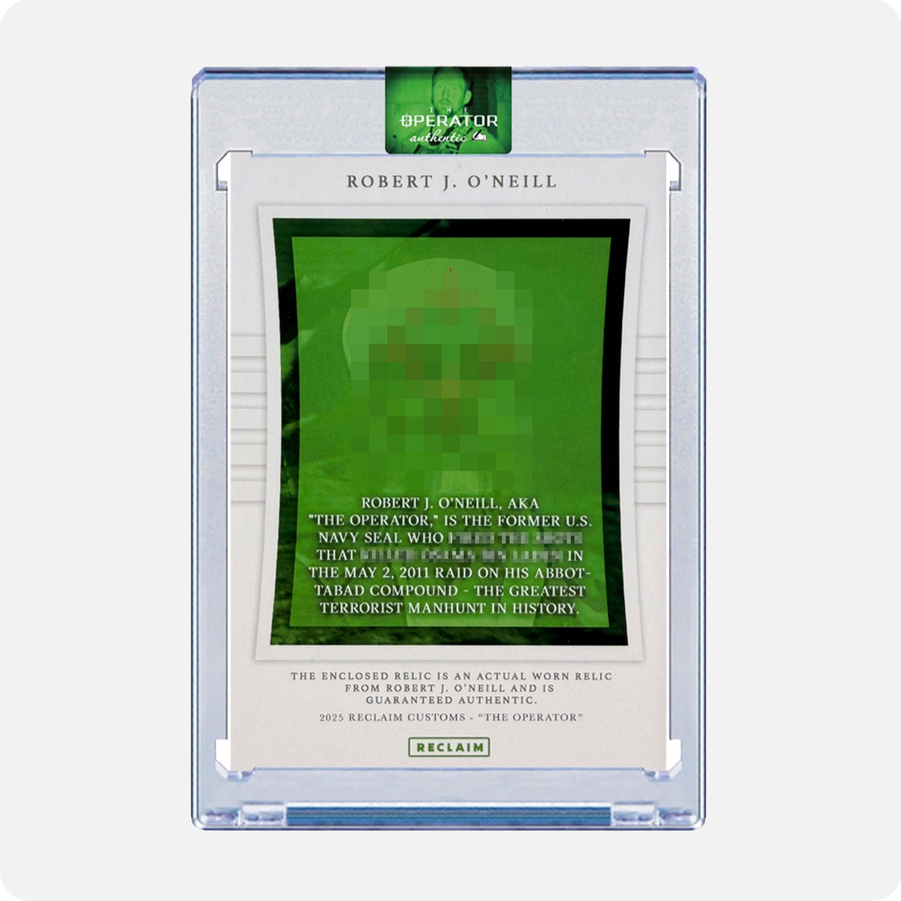 Robert O'Neill Signed Limited Edition /911 Worn Navy SEAL Relic Card (SENSITIVE PARTS OF IMAGE HAVE BEEN TEMPORARILY BLURRED OUT)