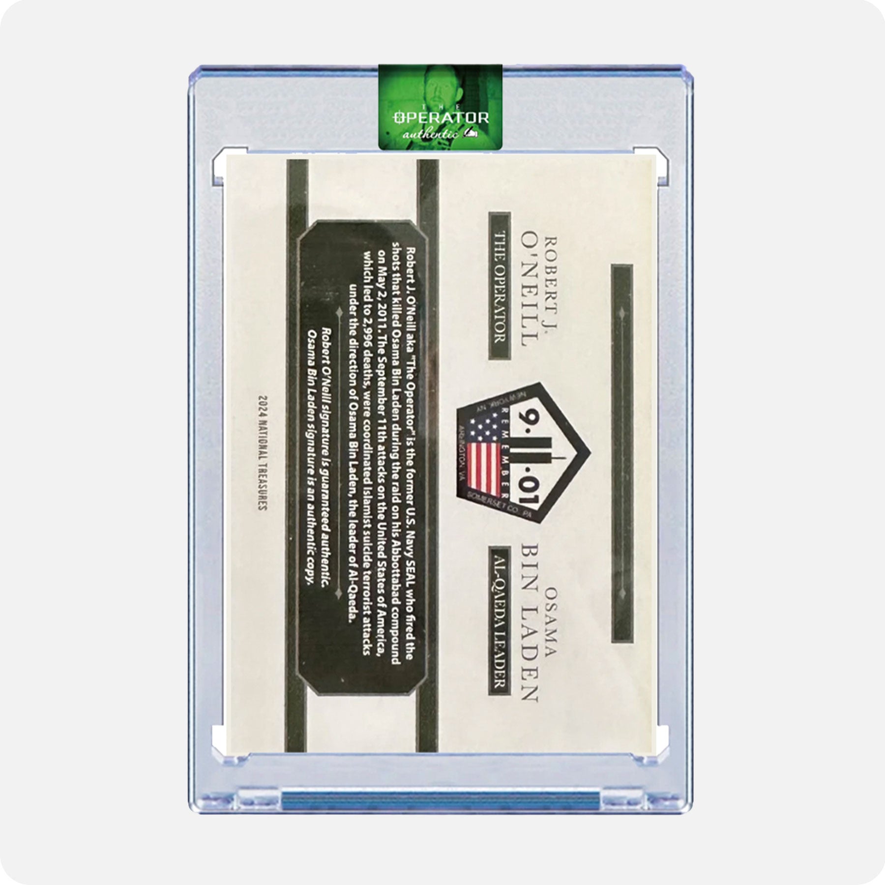 Robert O'Neill/Osama Bin Laden Signed Limited Edition /911 National Treasures Card (SENSITIVE PARTS OF IMAGE HAVE BEEN TEMPORARILY BLURRED OUT)